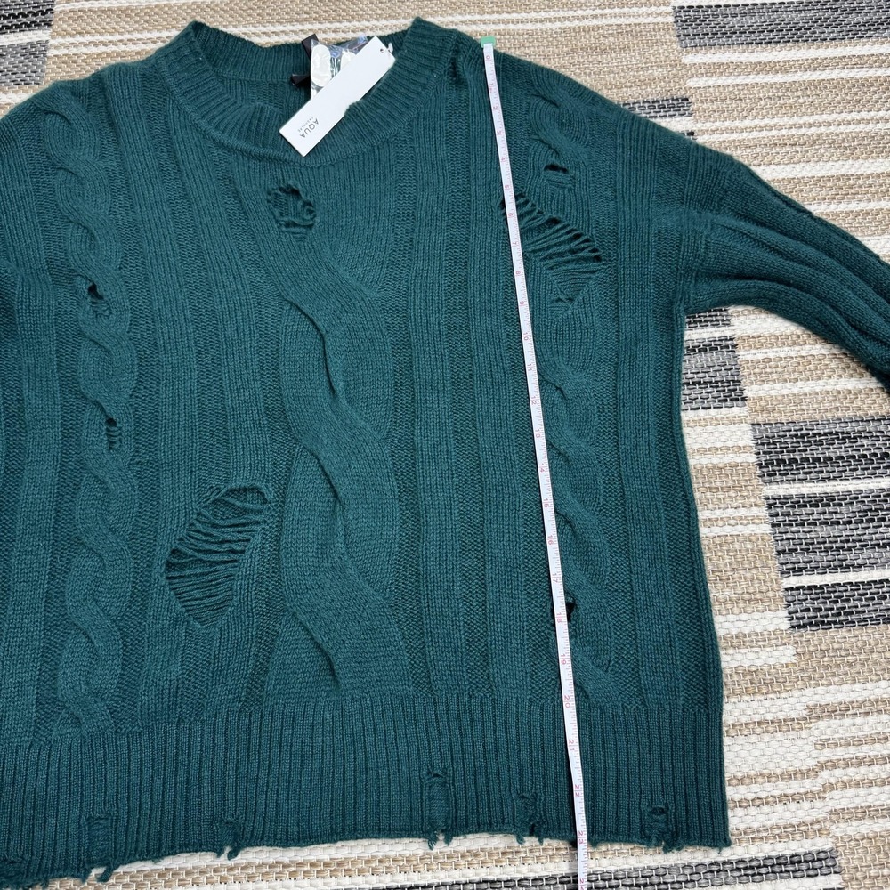 Aqua Cashmere Sweater Women's Medium Green Distressed Cable Knit Pullover Grunge - Picture 14 of 15